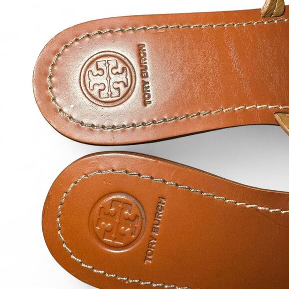 Tory Burch Miller Leather Thong Sandals Women’s Size 8.5 Tan Logo Cutout Flats - Picture 6 of 7